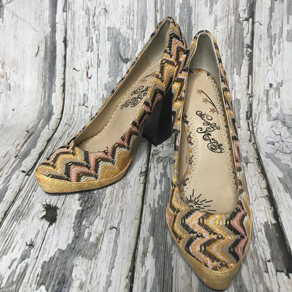 Naughty Monkey Yellow Chevron Chunky Heels